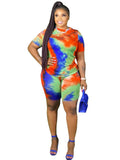 Plus Size 2 Piece Tie Dyed Tops+Bodycon Shorts Sets