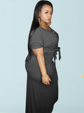 Plus Size 2 Piece Button Twist Knot Top+Pocket Skirt Set