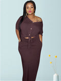 Plus Size 2 Piece Button Twist Knot Top+Pocket Skirt Set