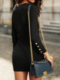 Button Long Sleeve Round Neck Tight Dress