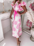Ruffled Short Sleeve V-Neck Button Printed Dress