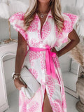 Ruffled Short Sleeve V-Neck Button Printed Dress