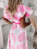 Ruffled Short Sleeve V-Neck Button Printed Dress