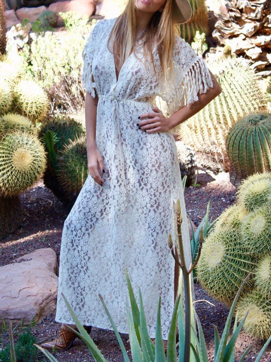 Lace Solid Color V-neck Dress