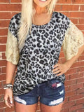 Leopard Print Lace Stitching Round Neck Loose T-Shirt
