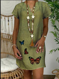 Loose Short Sleeve V-neck Butterfly Print Dress