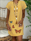 Loose Short Sleeve V-neck Butterfly Print Dress