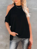 Loose Solid Round Neck Pit Strip Off-shoulder T-shirt