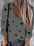 Loose V-Neck Star Print Long Sleeve T-Shirt