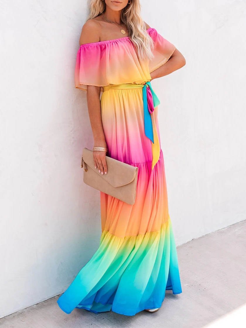 One Shoulder Contrasting Color Maxi Dress