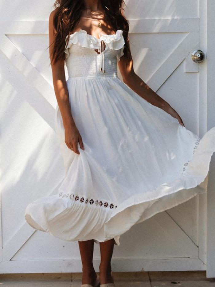 One-word Collar Solid Color Wrap Dress