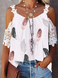 Print Lace Cold Shoulder Elegant T-shirt