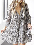 Printed V-Neck Loose Long Sleeve Dress