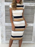 Retro Striped Round Neck Short-sleeved Slim Mid-length Dress