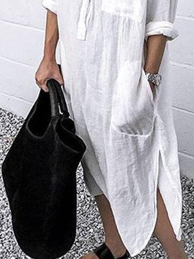 Simple Shirt Dress With Solid Color Slit Buttons