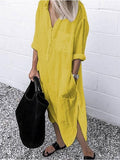 Simple Shirt Dress With Solid Color Slit Buttons