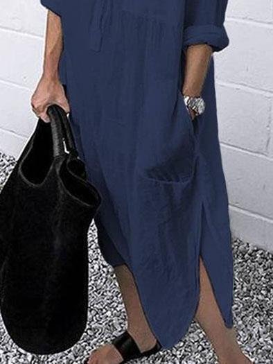 Simple Shirt Dress With Solid Color Slit Buttons