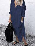 Simple Shirt Dress With Solid Color Slit Buttons