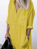 Simple Shirt Dress With Solid Color Slit Buttons
