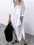 Simple Shirt Dress With Solid Color Slit Buttons