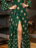 Slim Long-sleeved Polka-dot Deep V Mopping Dress