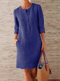 Solid Color Round Neck Long Sleeve Midi Dress