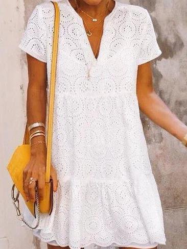Solid Color V-neck Lace Mini Dress