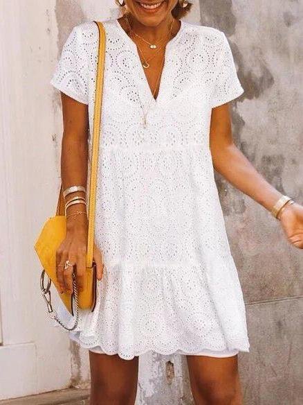 Solid Color V-neck Lace Mini Dress