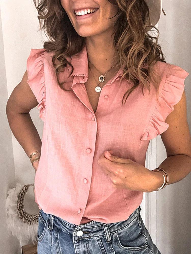 Solid Ruffled Sleeveless Breasted Cardigan Blouses