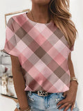 Summer Lattice Printing Round Neck T-shirt