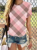 Summer Lattice Printing Round Neck T-shirt