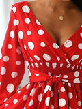 Tight Waist V-neck Polka Dot Mini Dress