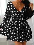 Tight Waist V-neck Polka Dot Mini Dress