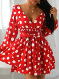 Tight Waist V-neck Polka Dot Mini Dress