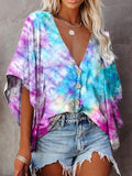 V-neck Bat Sleeve Tie Dye Print Blouse