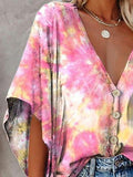 V-neck Bat Sleeve Tie Dye Print Blouse