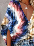 V-neck Bat Sleeve Tie Dye Print Blouse