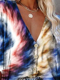 V-neck Bat Sleeve Tie Dye Print Blouse