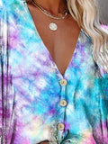 V-neck Bat Sleeve Tie Dye Print Blouse