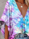 V-neck Bat Sleeve Tie Dye Print Blouse