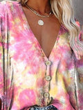 V-neck Bat Sleeve Tie Dye Print Blouse