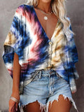 V-neck Bat Sleeve Tie Dye Print Blouse