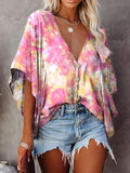 V-neck Bat Sleeve Tie Dye Print Blouse