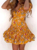 V-Neck Floral Print Short Sleeve Dress