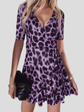 V-Neck Leopard Print Nightclub Ruffle Dress