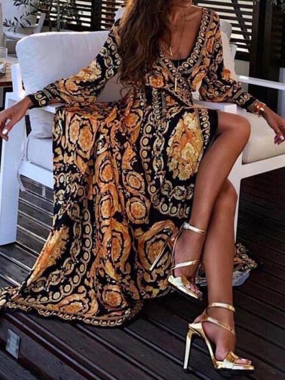 V-Neck Long Sleeve Vintage Print Dress