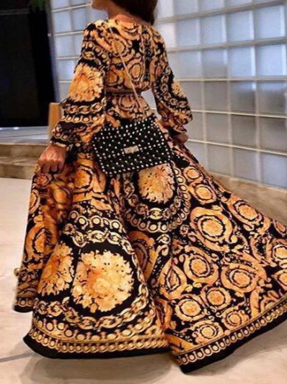 V-Neck Long Sleeve Vintage Print Dress