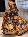 V-Neck Long Sleeve Vintage Print Dress