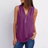 V-neck Zipper Sleeveless Loose Chiffon Vest