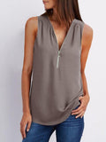 V-neck Zipper Sleeveless Loose Chiffon Vest